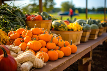 Presentation of fall autumn farmers market with pumpkins vegetables on display