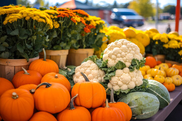 Presentation of fall autumn farmers market with pumpkins vegetables on display