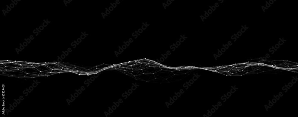 Leinwandbilder Dark hexagon wave of particles and lines. Big data visualization. Abstract background with a dynamic wave. Vector illustration.