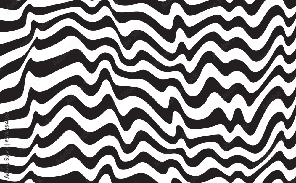 Poster Background with wavy lines. Twisted duo tone backgrounds. Abstract pattern from lines, halftone effect. Black and white texture. Minimalist design template for poster, banner, cover, postcard.	