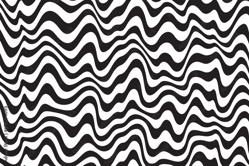 Poster Background with wavy lines. Twisted duo tone backgrounds. Abstract pattern from lines, halftone effect. Black and white texture. Minimalist design template for poster, banner, cover, postcard.