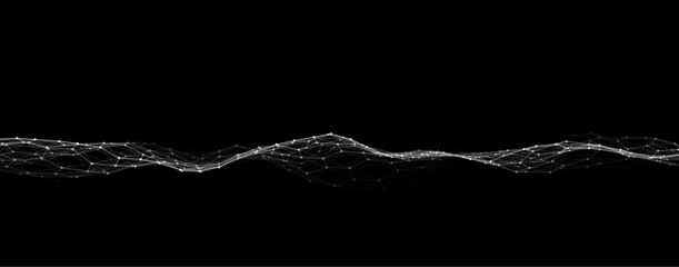 Dark hexagon wave of particles and lines. Big data visualization. Abstract background with a dynamic wave. Vector illustration.