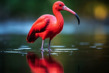 Scarlet Ibis in water with reflection. Generative AI.