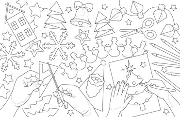  Paper crafts for Christmas on the table.Snowflakes, Christmas trees, stars, house, lanterns. Coloring book for adults and children.