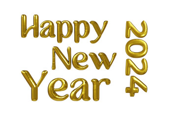 Golden balloons happy new year 2024 text, 3d render new year illustration, transparent