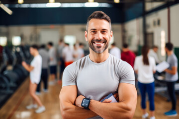 Fototapeta na wymiar Portrait of physical education male teacher in a gym hall smiling and holding a clipboard with pupils in the background