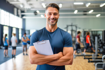 Portrait of physical education male teacher in a gym hall smiling and holding a clipboard with pupils in the background