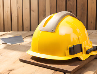 Yellow construction helmet on a wooden table, sunshine. Industry  bulding concept
