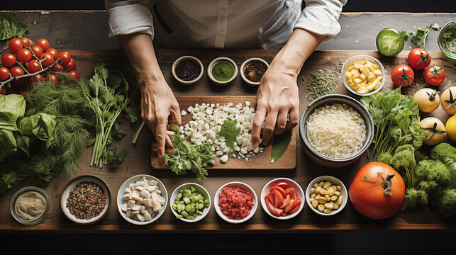 Close-up image of female hands cooking with vegetables and herbs