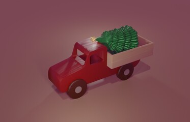 Red wooden toy car with Christmas tree. 3d rendering.