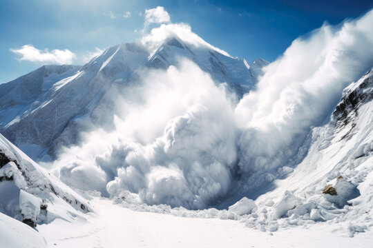 Snow avalanche in the mountains. Concept of representing the risks of winter weather in high-altitude regions