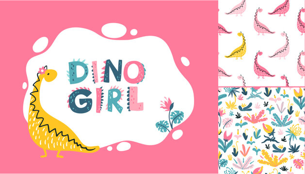Set Girly Dino photo frame and seamless patterns, templates for text or invitations. Vector illustration of funny cartoon character in a colorful palette. Doodle in a hand-drawn Scandinavian style.