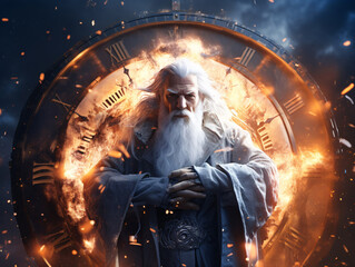 A time deity who watches over the course of events. Or an old mage with a white beard. - obrazy, fototapety, plakaty