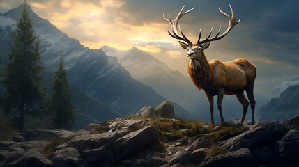 animal com chifres majestoso em alto de montanha  - obrazy, fototapety, plakaty