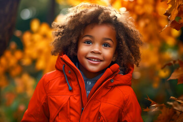 Mixed race African American girl child playing in park with autumn fall leaves, wearing red a jacket. Showcasing child happiness and serenity of autumn season