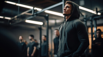 A man in a black hoodie standing in a gym - obrazy, fototapety, plakaty