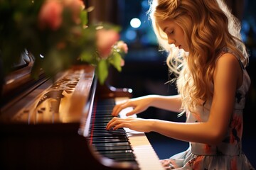 Fotografía de retrato en primer plano de una chica sonriente tocando el piano contra un foco de luz en el escenario. - obrazy, fototapety, plakaty