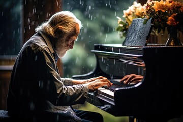 Música y canciones para piano. Fotografía de retrato en primer plano de un anciano tocando el piano mientras llueve. - obrazy, fototapety, plakaty