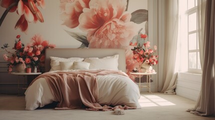 A bed in a bedroom with a large flower mural on the wall