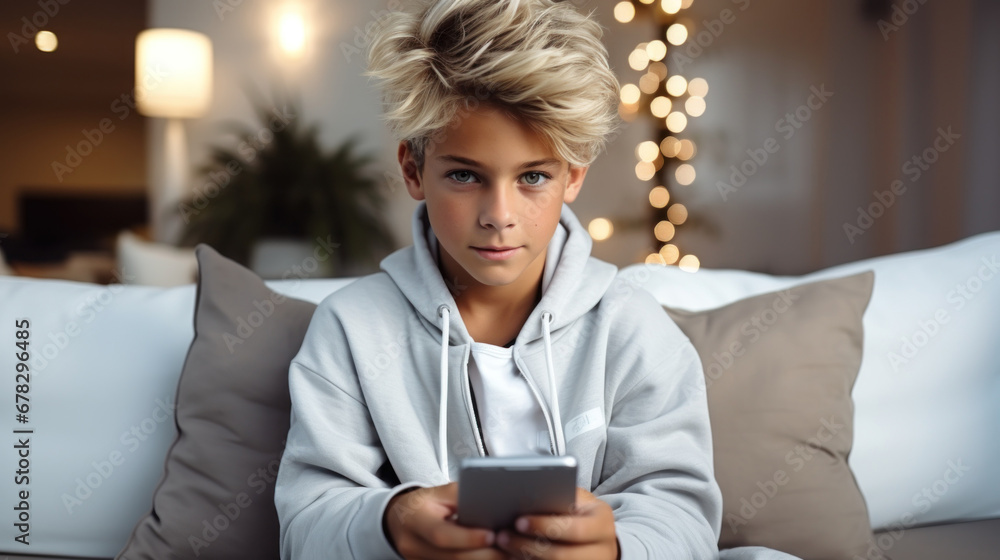 Canvas Prints A boy sitting on a couch holding a cell phone