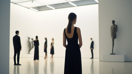 A woman in a black dress looking at a group of people