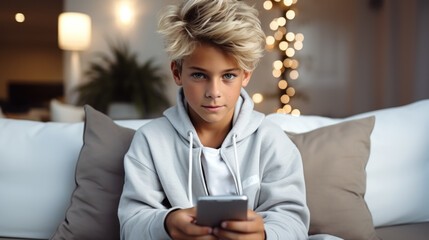 A boy sitting on a couch holding a cell phone - obrazy, fototapety, plakaty