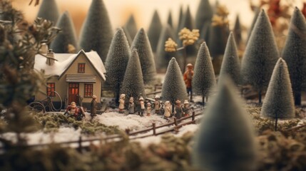 A small toy village with a lot of trees