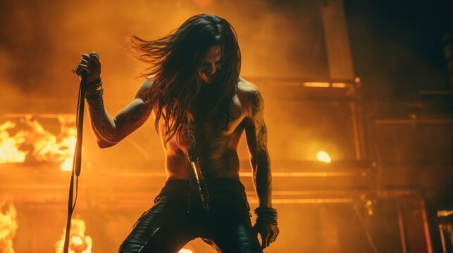 A man with tattoos holding a microphone in front of a fire