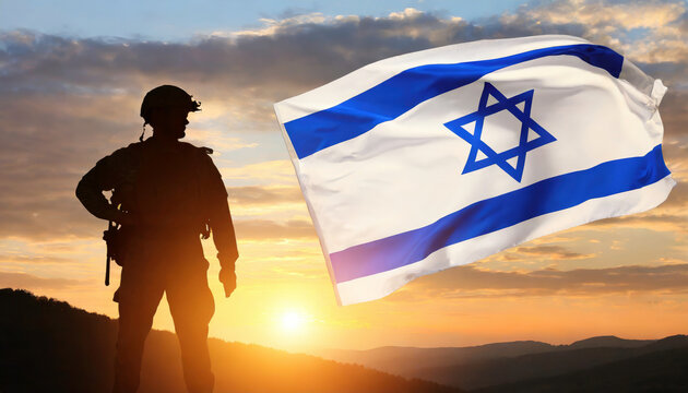 Israeli soldier posing with the flag of Israel