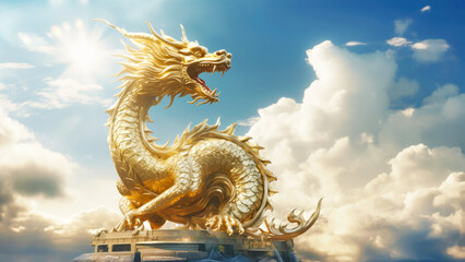 A golden dragon statue shining in the sun, a symbol of the Chinese New Year, against a background of blue sky and white clouds. Happy holiday concept. Copy space. Banner - obrazy, fototapety, plakaty