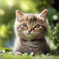 Cute kitty in garden bokeh background