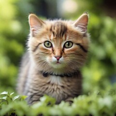 Cute kitty in garden bokeh background