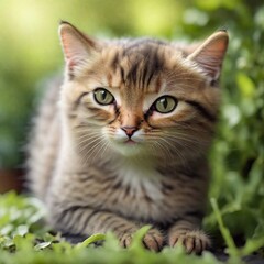 Naklejka na ściany i meble Cute kitty in garden bokeh background