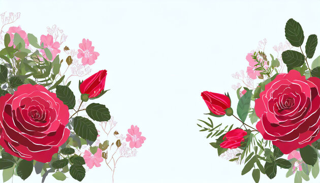 background with red roses, and leaves.