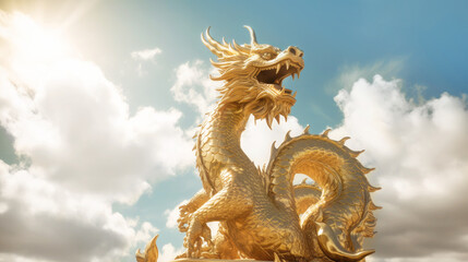 A golden dragon statue shining in the sun, a symbol of the Chinese New Year, against a background of blue sky and white clouds. Happy holiday concept. Copy space. Banner