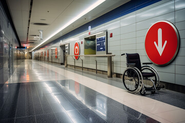  Wheelchair in the subway. Inclusive Conditions for People with Limited Mobility in Public Transport Social support concept.. Banner. Copy space.
