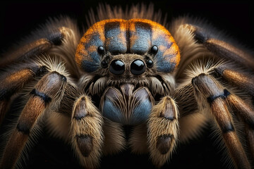 tarantula  spider head close up on black background, created with generative AI technology