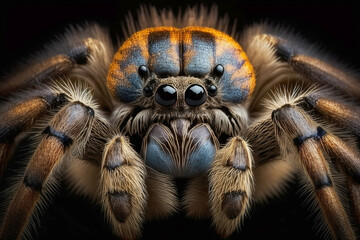 tarantula  spider head close up on black background, created with generative AI technology - obrazy, fototapety, plakaty