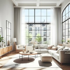 A bright and airy living room with large windows, lots of natural light, and neutral tones