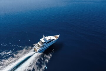 Naklejka premium A speedy motor yacht cruises through the blue sea, embodying luxury, leisure, and power in a coastal landscape.