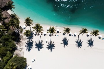 Aerial view of a tropical paradise: an island with sandy beaches, turquoise waters, and palm trees, perfect for a summer vacation. - obrazy, fototapety, plakaty