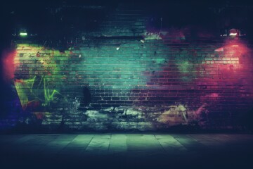 A grunge background with dark, textured walls, concrete floor, and vibrant neon lights, creating a modern and retro atmosphere. - obrazy, fototapety, plakaty