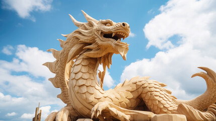 A wooden dragon statue shining in the sun, a symbol of the Chinese New Year, against a background of blue sky and white clouds. Happy holiday concept. Copy space. Banner - obrazy, fototapety, plakaty