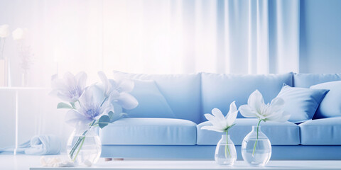 In a bright white and blue room we see a comfortable sofa and several flowers in glass vases. AI generated