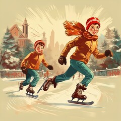 Children are having fun on Skates, Retro illustration. Children play outside during the winter holidays. Holidays and childhood. postcard, banner