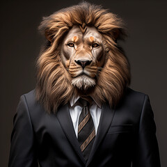 Lion wearing a suit studio photography. Hyperrealistic anthropomorphic animal portrait. AI rendered image.