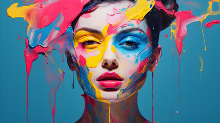 A colorful portrait of a beautiful young girl who has a face with modern, urban make-up and the whole face painted in vivid colorful paint