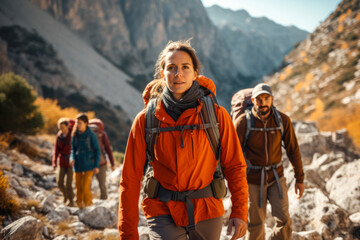 Female mountain guide leading a group of hikers