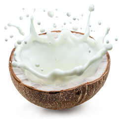 Coconut milk splash spraying from of half coconut fruit. File contains clipping path.
