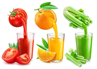 Set of three fruit juice glasses and fresh juice pouring from fruits into the glasses isolated on white background.